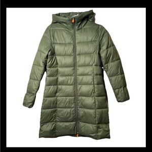 Save The Duck Ultra Light Puffer Jacket Long - Olive Green - Women’s Size 1/S